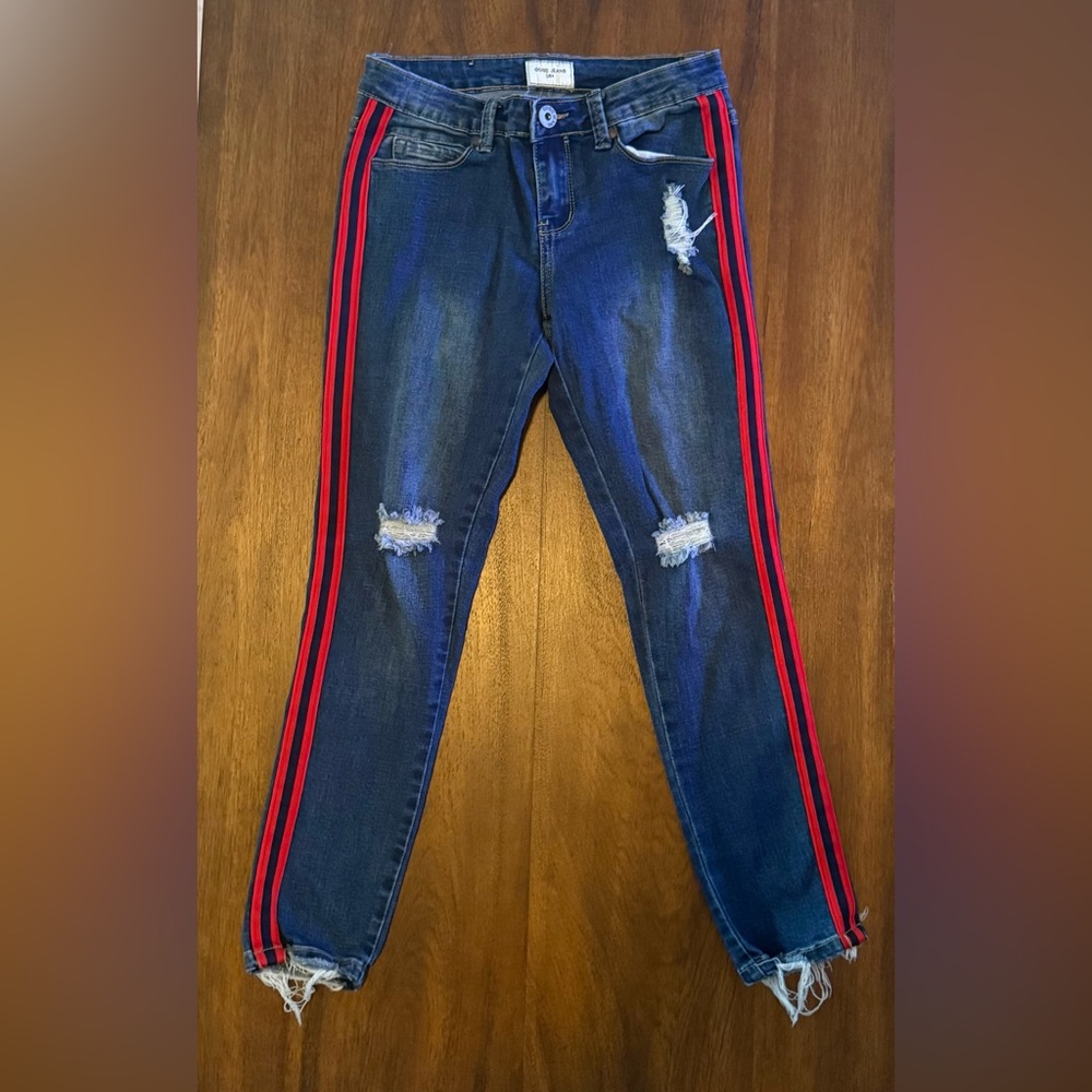 Red and Blue Skinny Jeans with Distressed Knees